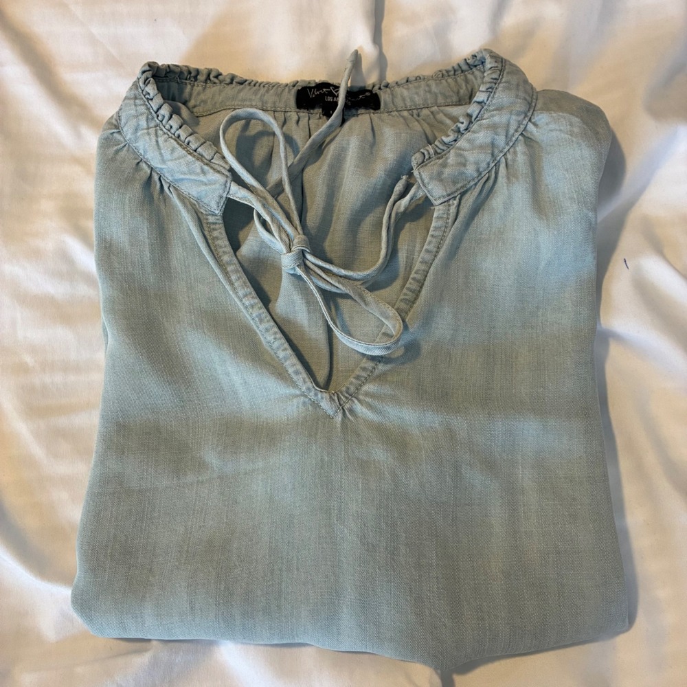 Velvet‎ Heart Chambray Top Ruffle Sleeveless Tie Neck Casual Casual Blouse-L